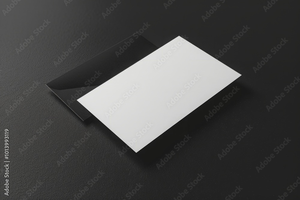Blank white business card on a black envelope placed on a black surface. Minimalist business card mockup. Mockup.  Generative AI