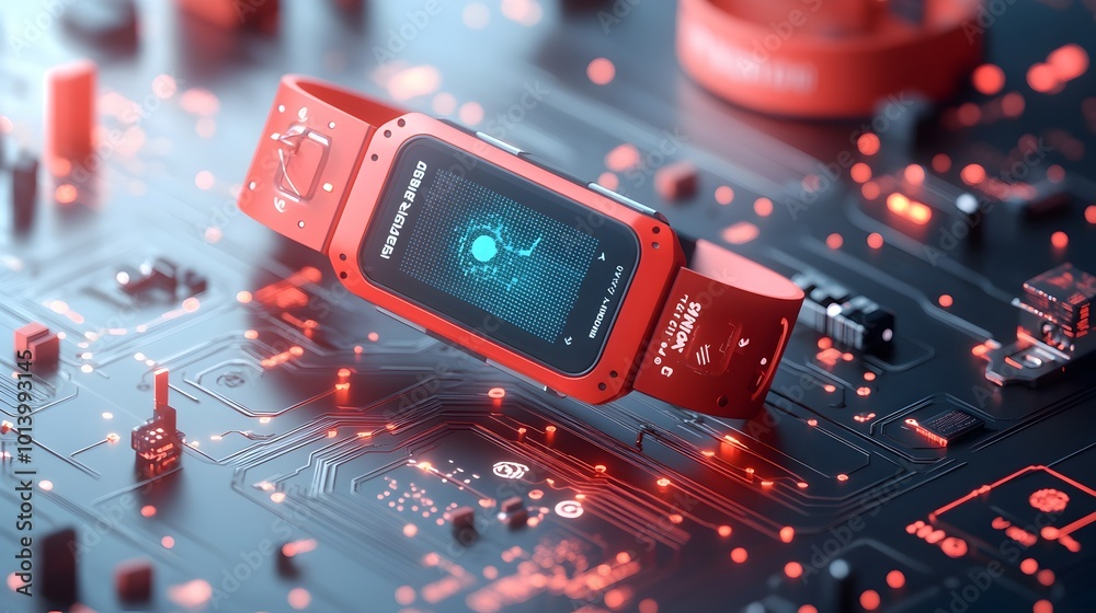 3D Rendered of a Futuristic Graphene Based Wearable Tech Device with Flexible Circuits Showcasing a Modern Fitness Tracker Concept for the Future of Wearable Electronics