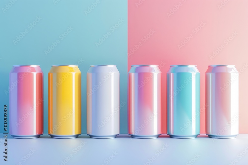 Six aluminum cans with a glossy, pastel gradient design standing against a split pink and blue background. Studio product photography with soft colors and reflective surfaces. Mockup. Generative AI Six aluminum cans with a glossy, pastel gradient design standing against a split pink and blue background. Studio product photography with soft colors and reflective surfaces. Mockup. Generative AI