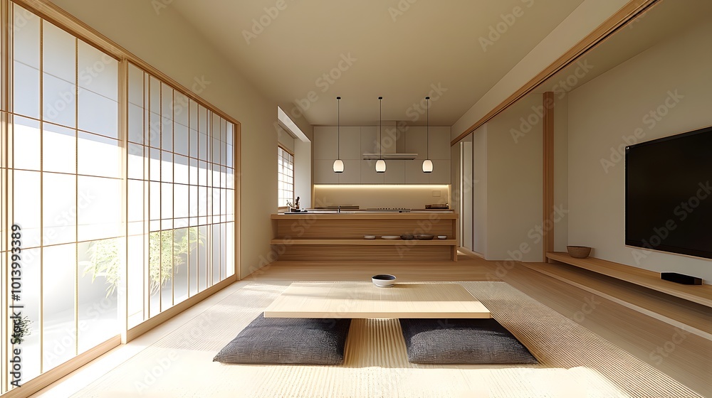 Modern Japanese minimalist interior showcasing a sleek kitchen and living room Modern Japanese minimalist interior showcasing a sleek kitchen and living room