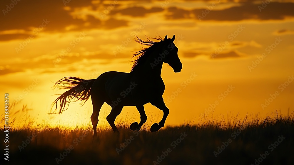 Majestic horse silhouette gazing into a vivid and dramatic sunset sky Majestic horse silhouette gazing into a vivid and dramatic sunset sky