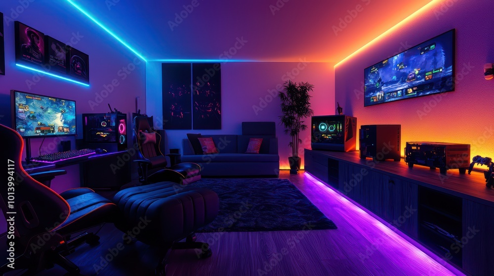 A gaming room with RGB lighting under furniture and along the walls, creating a vibrant and immersive environment for video gaming sessions A gaming room with RGB lighting under furniture and along the walls, creating a vibrant and immersive environment for video gaming sessions