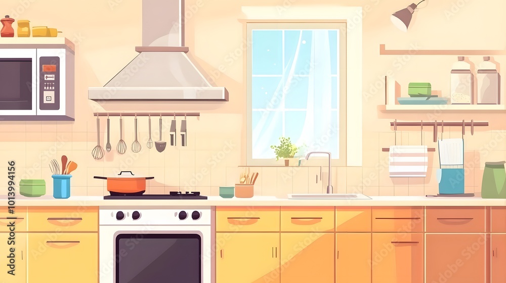 Modern kitchen interior with dedicated eating and cooking areas, equipped with kitchenware and a large window Modern kitchen interior with dedicated eating and cooking areas, equipped with kitchenware and a large window