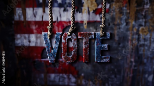 A creative display of colorful letters spelling "VOTE" hanging on ropes, featuring a textured background of the US flag with red, white, and blue colors