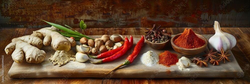 A colorful arrangement of essential Asian spices like ginger, garlic, and chili peppers displayed on a rustic wooden board. Generative AI A colorful arrangement of essential Asian spices like ginger, garlic, and chili peppers displayed on a rustic wooden board. Generative AI