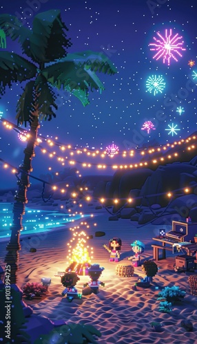 Pixelated New Year's Eve Beach Bonfire Party with Fireworks and Music Under String Lights