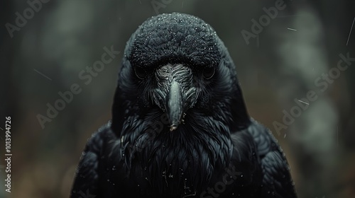 Intense Gaze of a Raven in the Rain