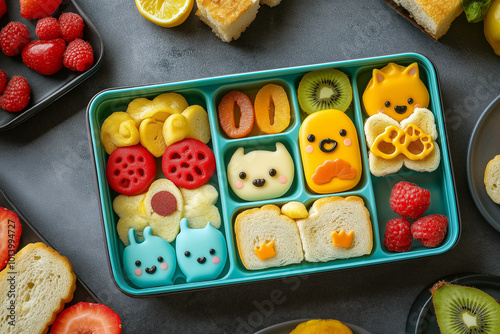 Overhead view of a children's lunchbox with fun, colorful food items, like animal-shaped sandwiches and fruit slices. photo