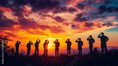 A powerful scene of soldiers saluting against a vibrant sunset, with the USA flag gently waving in the foreground, symbolizing patriotism and honor