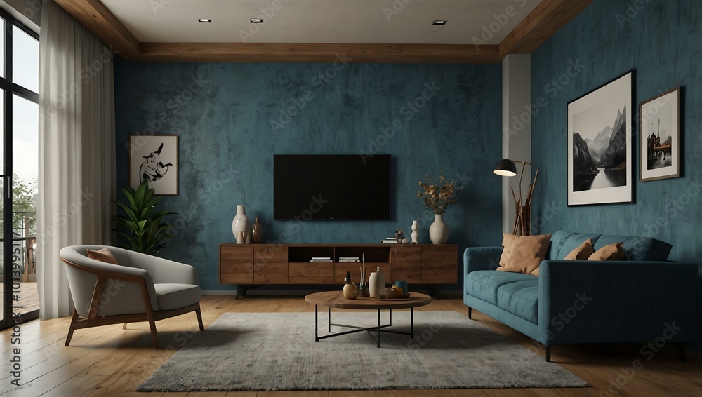 3D rendering of a cozy living room with blue wall texture. 3D rendering of a cozy living room with blue wall texture.