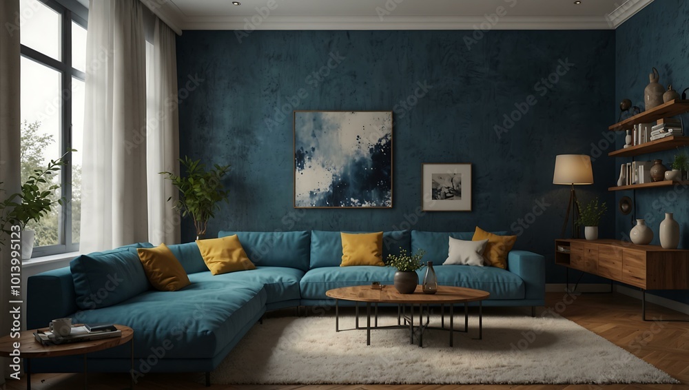 3D rendering of a cozy living room with blue wall texture. 3D rendering of a cozy living room with blue wall texture.