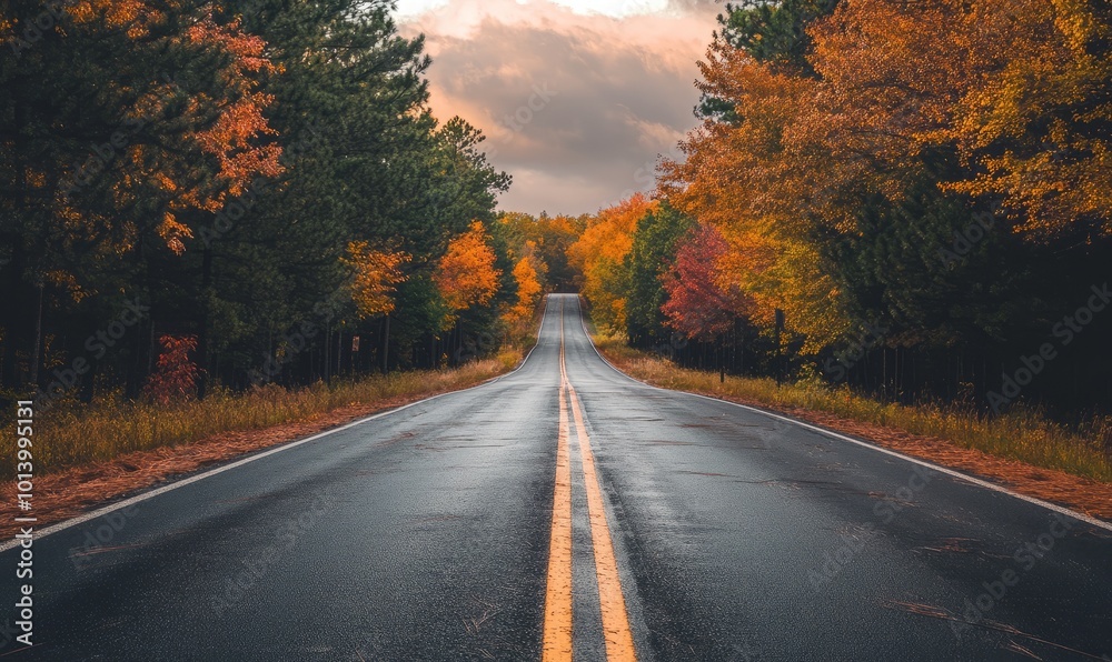 Empty road leading towards trees at sunset Empty road leading towards trees at sunset
