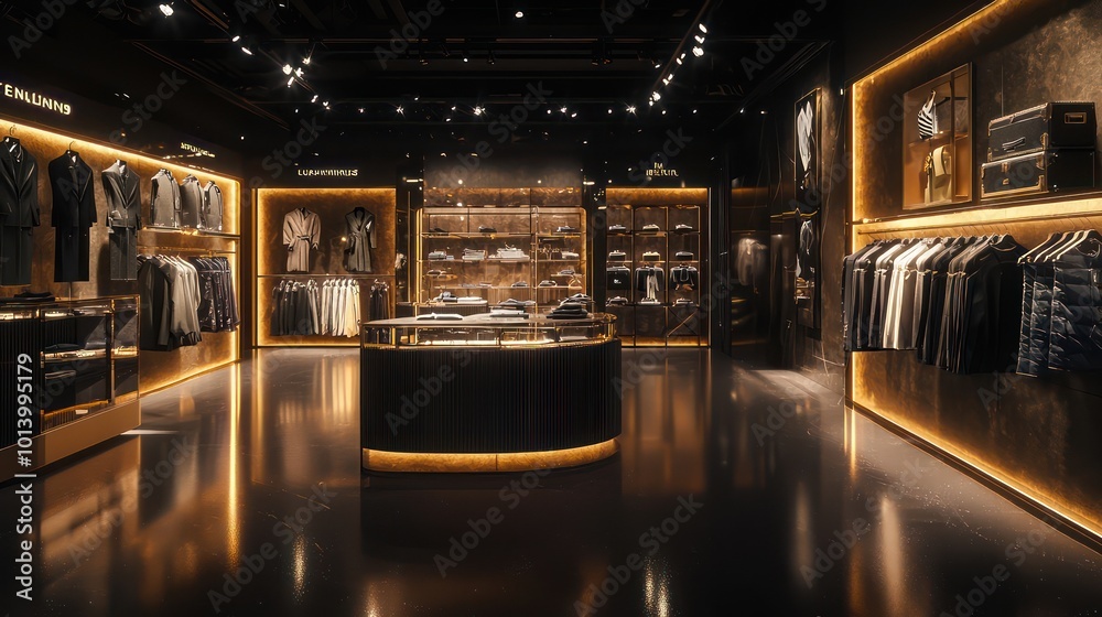 A high-end fashion boutique with dramatic spotlighting that highlights the textures and colors of luxury clothing on display A high-end fashion boutique with dramatic spotlighting that highlights the textures and colors of luxury clothing on display