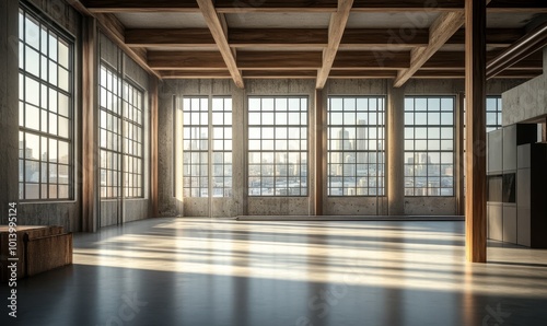 Empty modern loft with large windows and structural beams, emphasizing a spacious and bright interior