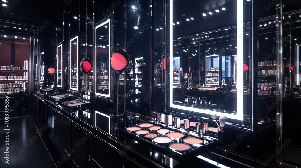 Fototapeta premium A high-end makeup store with adjustable lighting at each mirror, allowing customers to see how products look under different lighting conditions