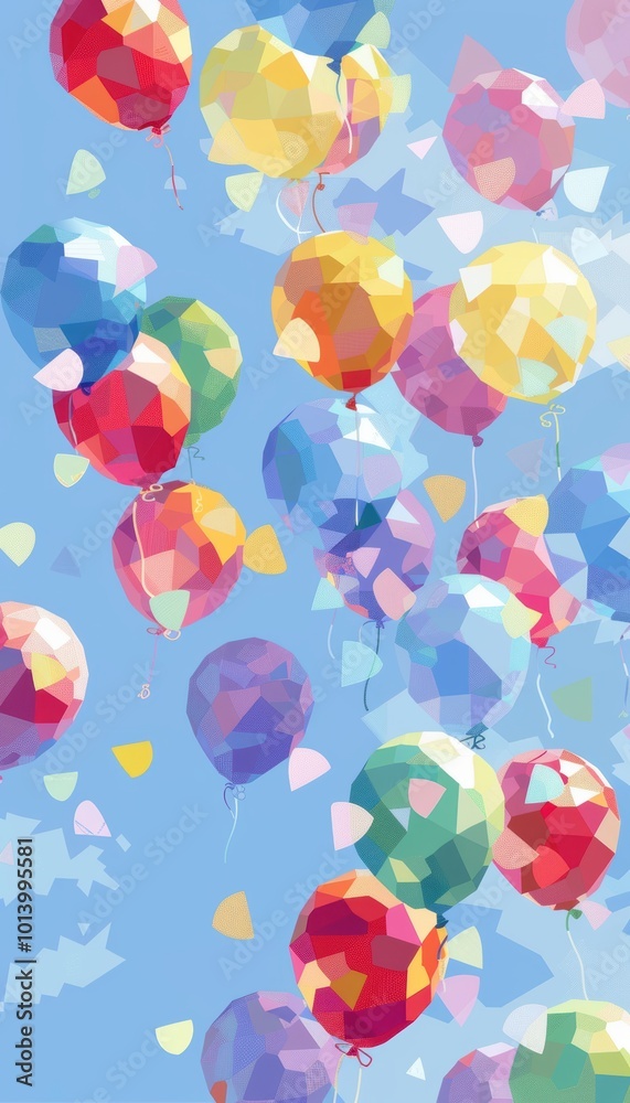 Bright Geometric Balloons Floating in Blue Sky for Festive Celebrations and Promotions Bright Geometric Balloons Floating in Blue Sky for Festive Celebrations and Promotions