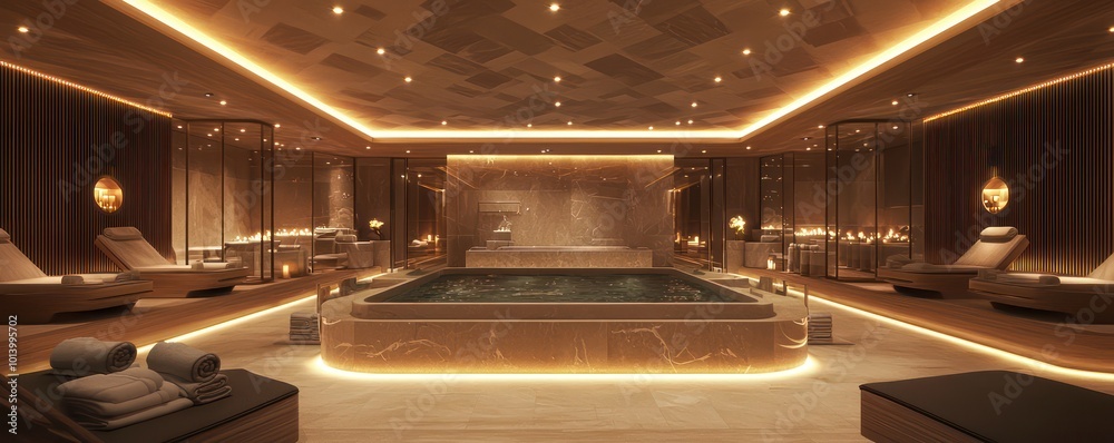 A high-end spa with ceiling recessed lights that emit a gentle, calming glow, perfectly synchronized with the spaa??s serene music to enhance relaxation A high-end spa with ceiling recessed lights that emit a gentle, calming glow, perfectly synchronized with the spaa??s serene music to enhance relaxation