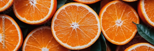 A close up of a bunch of oranges with one of them cut in half. The oranges are arranged in a way that they look like they are in a pile