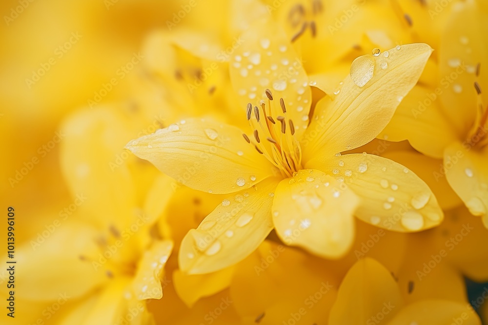 Obraz premium A close up of a yellow flower with droplets of water on it. The flower is surrounded by other yellow flowers, creating a vibrant and lively scene