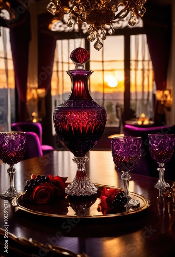 pouring rich velvet wine into exquisite glass decanter showcasing vibrant hues refined elegance sophisticated light reflection, amber, blush, champagne photo