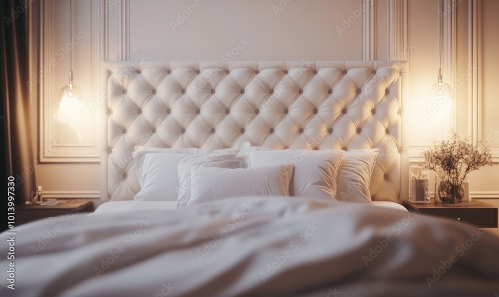Elegant bedroom with a tufted headboard and luxurious linens