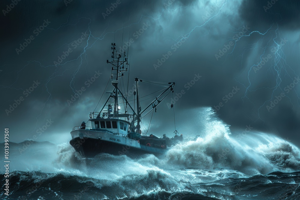 Dramatic Stormy Sea Adventure: Fishing Trawler Battling Waves and Lightning Dramatic Stormy Sea Adventure: Fishing Trawler Battling Waves and Lightning