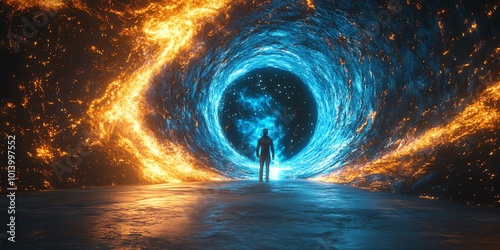 gate of time and space, a man silhouette standing at the portal leading to another time-space, hesitant and curious, mysterious unknown territory to human