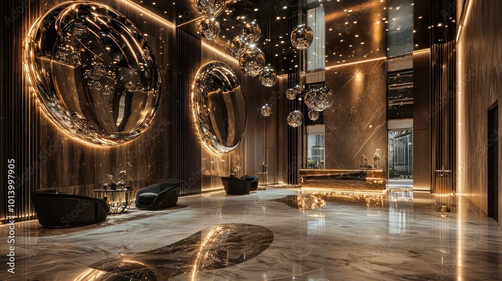 Obraz premium A luxury apartment lobby with a dramatic lighting installation that uses mirrors and lights to create an infinite visual effect