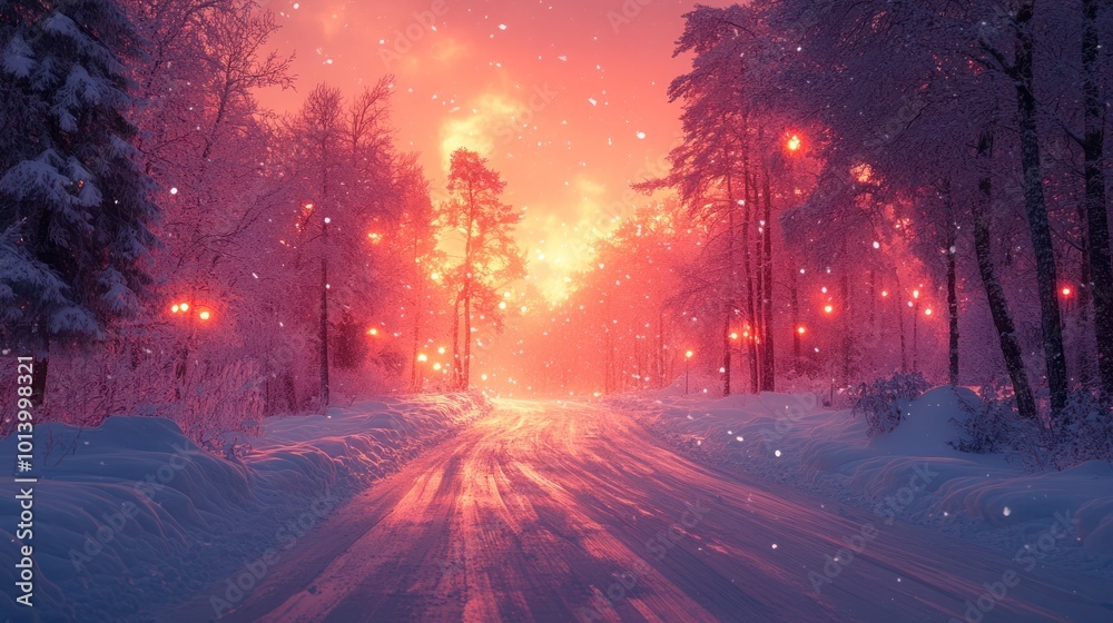 winter road through snow covered forest trees, cold day winter panorama on the road through snowy alley, Snowy winter road