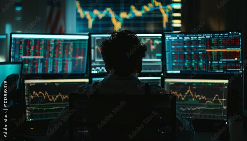 A person in the dark, surrounded by multiple computer screens displaying stock market data and charts. The atmosphere is tense with ominous shadows. A person in the dark, surrounded by multiple computer screens displaying stock market data and charts. The atmosphere is tense with ominous shadows.