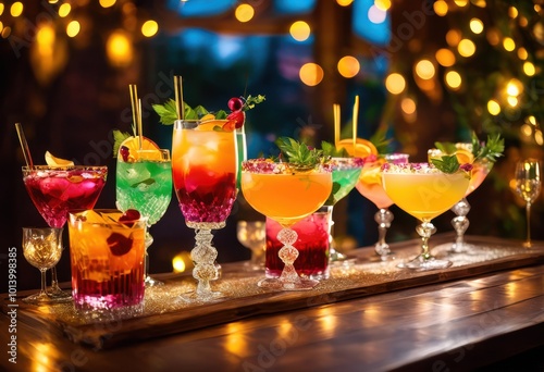 vibrant elegant cocktail glasses surrounded array colorful perfect festive gathering refreshing celebration, drink, beverage, fruit, herb, garnish, lime