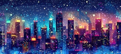 Festive Pixelated Cityscape with Colorful Night Lights for Winter Holiday Promotions