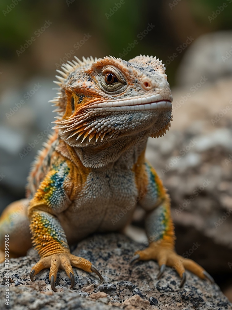 Obraz premium A colorful bearded dragon perched on a rock looks at the camera.