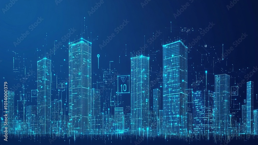 Lowpoly 3D wire mesh of a smart city An intelligent building automation system concept with binary code data flow showcasing technology in urban architecture Lowpoly 3D wire mesh of a smart city An intelligent building automation system concept with binary code data flow showcasing technology in urban architecture