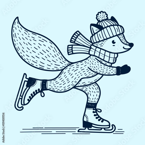ice skating fox wearing a scarf and winter cap sketch