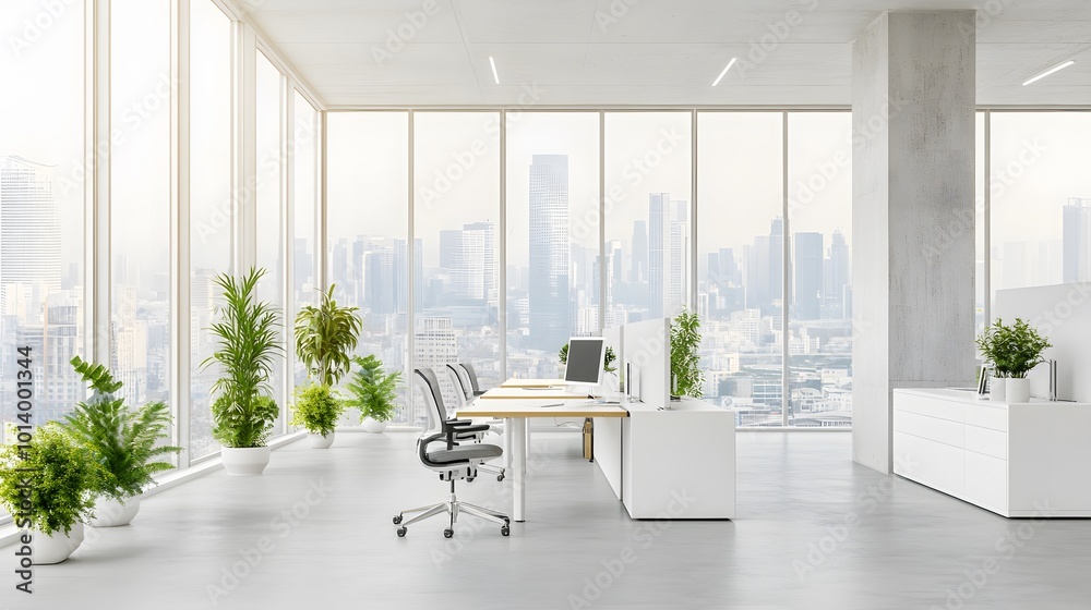 Fototapeta premium Modern office workspace with large windows and white furniture, minimalist style, concrete floor, and cityscape background