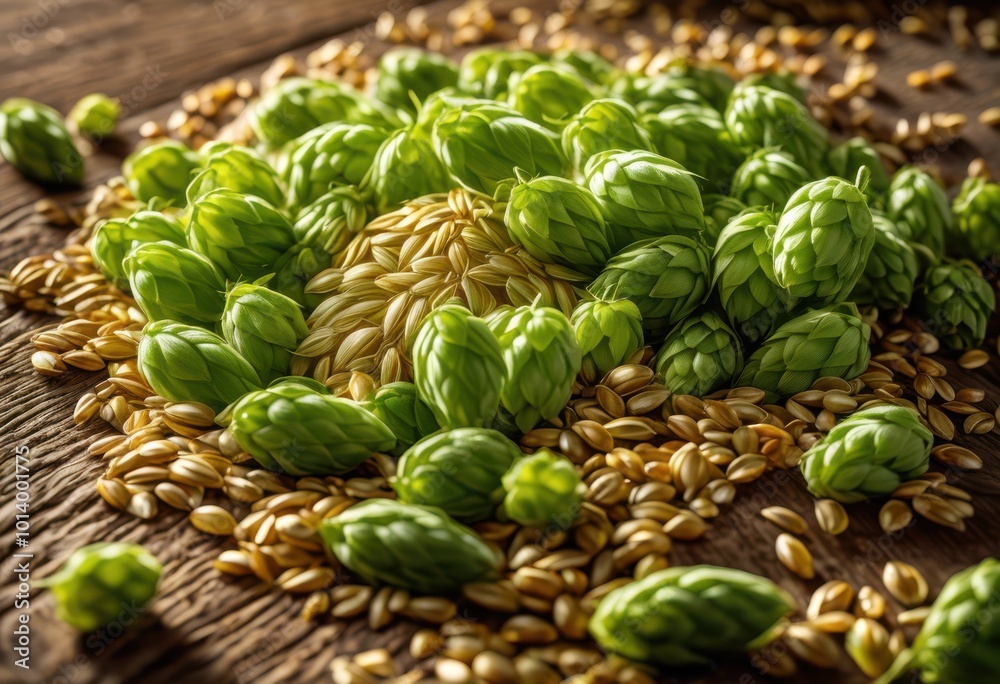 close view fresh hops barley grains arranged rustic wooden highlighting their natural textures colors, table, organic, agriculture, harvest, brewing, plant close view fresh hops barley grains arranged rustic wooden highlighting their natural textures colors, table, organic, agriculture, harvest, brewing, plant