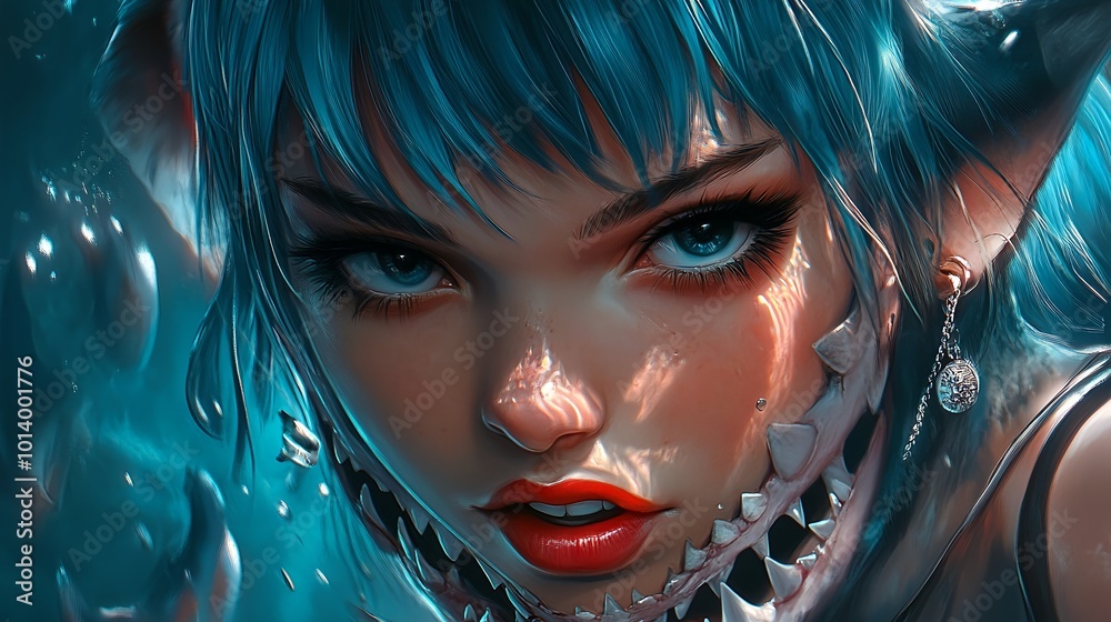 Intense Portrait of Fantasy Woman with Blue Hair and Sharp Teeth Intense Portrait of Fantasy Woman with Blue Hair and Sharp Teeth