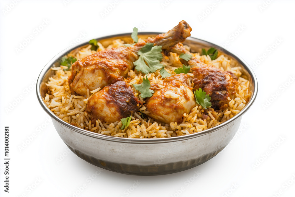 chicken biryani in a steel bowl, against a white background chicken biryani in a steel bowl, against a white background