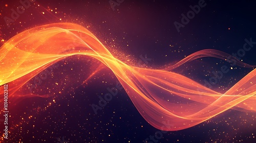 Abstract glowing wave with particles on a dark red background.