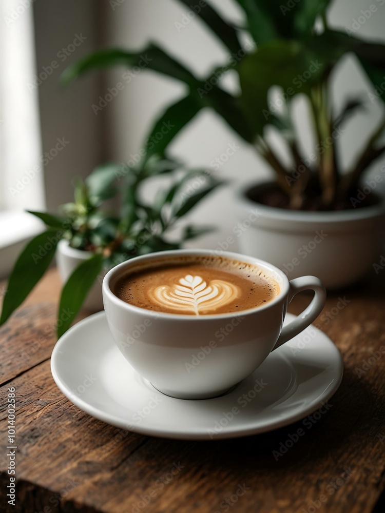 A cup of hot coffee on a white plate, garnished with green plant branches for warmth. A cup of hot coffee on a white plate, garnished with green plant branches for warmth.