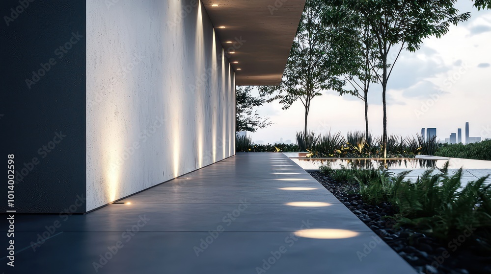 A minimalist walkway with recessed ground lighting that guides the path while maintaining the area's sleek aesthetic A minimalist walkway with recessed ground lighting that guides the path while maintaining the area's sleek aesthetic