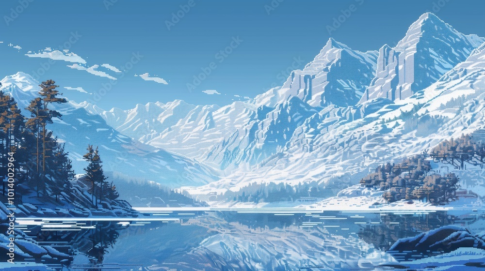custom made wallpaper toronto digitalPixelated Winter Mountain Landscape with Frozen Lake for Travel and Outdoor Promotions