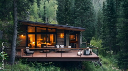  A sleek forest cabin with a wooden deck, surrounded by towering trees, perfect for serene getaways