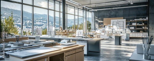 A modern architecta??s office with panoramic windows, scale models on display, and an array of drafting tools photo