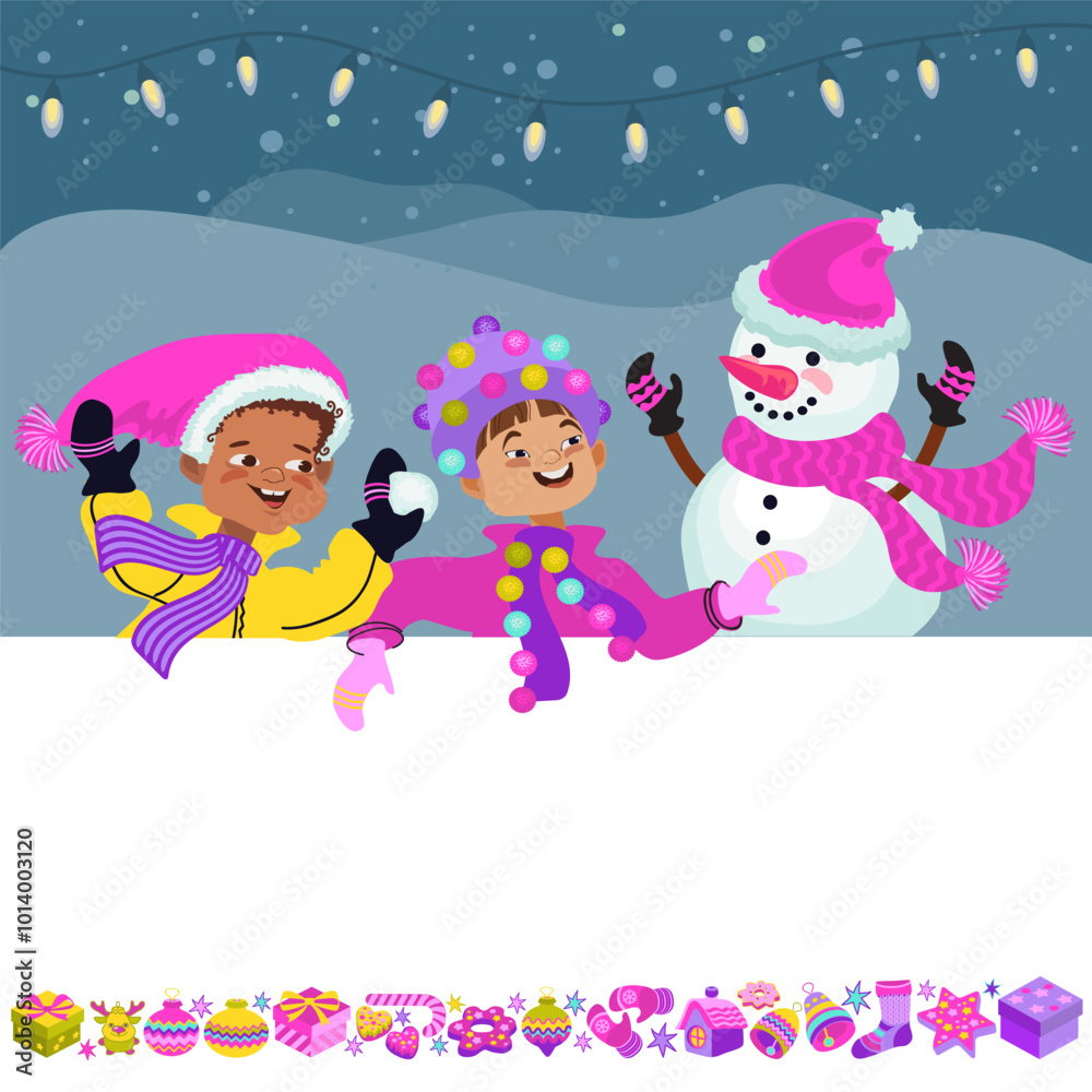 Happy kids in bright winter clothes and a snowman. Greeting card template. Cheerful cartoon children, Christmas decor, and a place for your text. Vector illustration. Happy kids in bright winter clothes and a snowman. Greeting card template. Cheerful cartoon children, Christmas decor, and a place for your text. Vector illustration.
