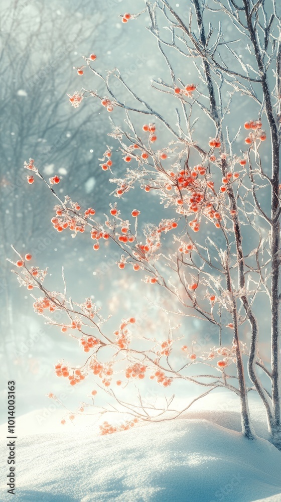Serene Winter Scene: Frosty Branches with Red Berries in Snowy Landscape Serene Winter Scene: Frosty Branches with Red Berries in Snowy Landscape