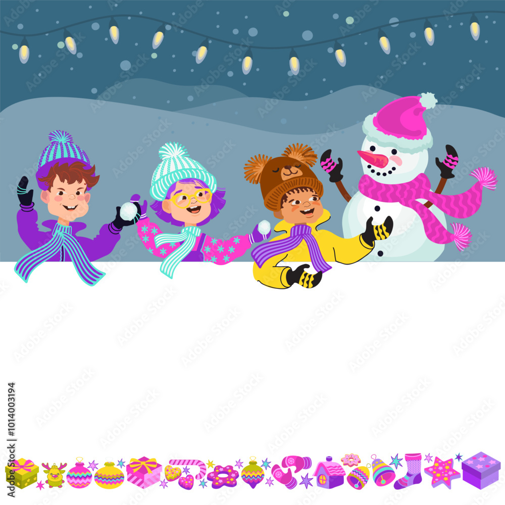 Happy children in bright winter clothes and a snowman. Greeting card template. Cheerful cartoon kids, Christmas decor, and a place for your text. Vector illustration.