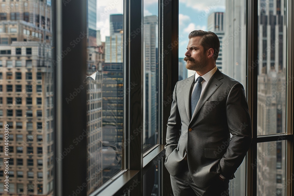 Man in Fitted Suit Viewing City Skyline at Sunset for Business Success and Confidence Concept