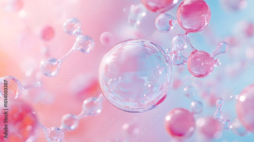 Molecule inside a transparent liquid bubble on a soft background, representing a skincare cosmetics solution Molecule inside a transparent liquid bubble on a soft background, representing a skincare cosmetics solution